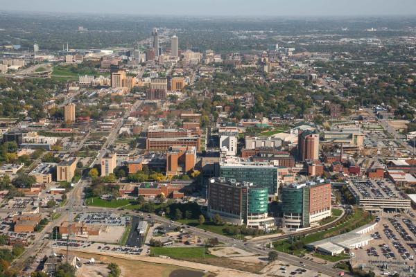 Aerial view of med center campus looking east