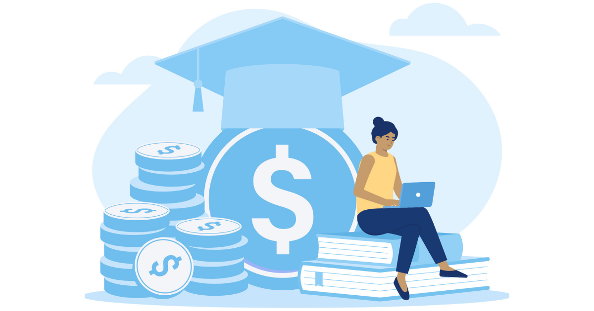 Graphic of woman on laptop sitting on books next to large coins