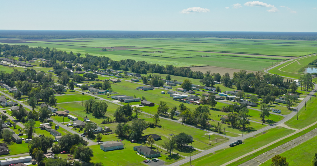 Aerial View of Vacherie, Louisiana Rural Community and Agricultural Fields