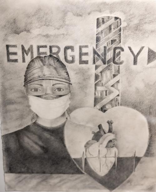 Drawing of nurse with mask, two hearts, tower sculpture and word "Emergency across the top"