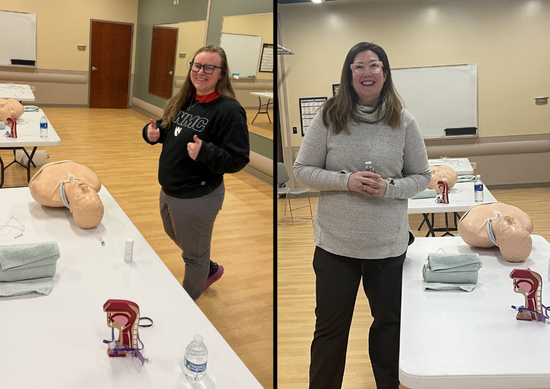 Nurse care coordinator Jade Rice and Dr. Dowdall leading tracheostomy training at Box Butte General Hospital.