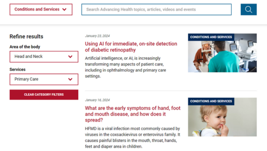 Advancing Health conditions and services section