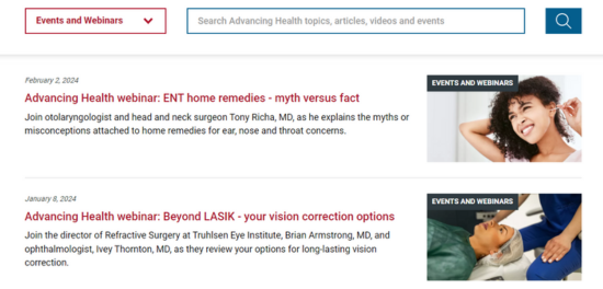 Advancing Health events and webinars section