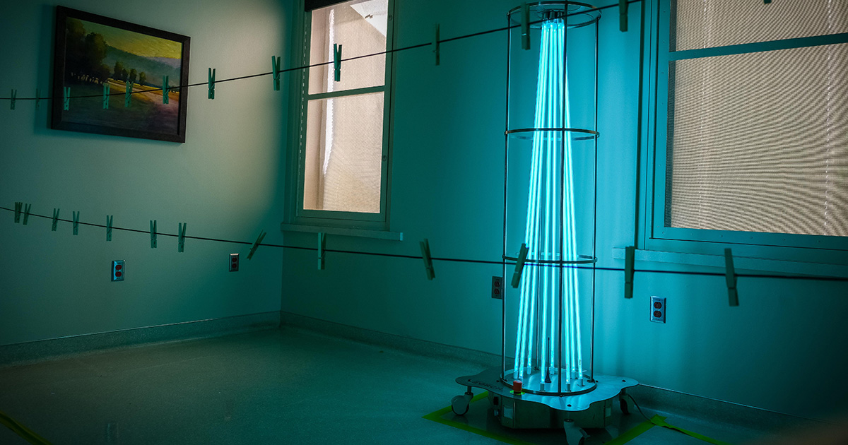 One of the ultraviolet light towers we're using to decontaminated N95 masks.
