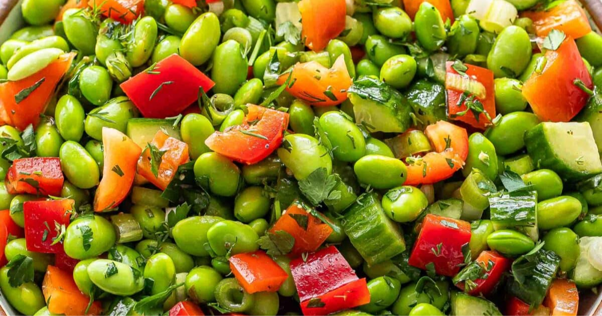 Close up of edamame salad