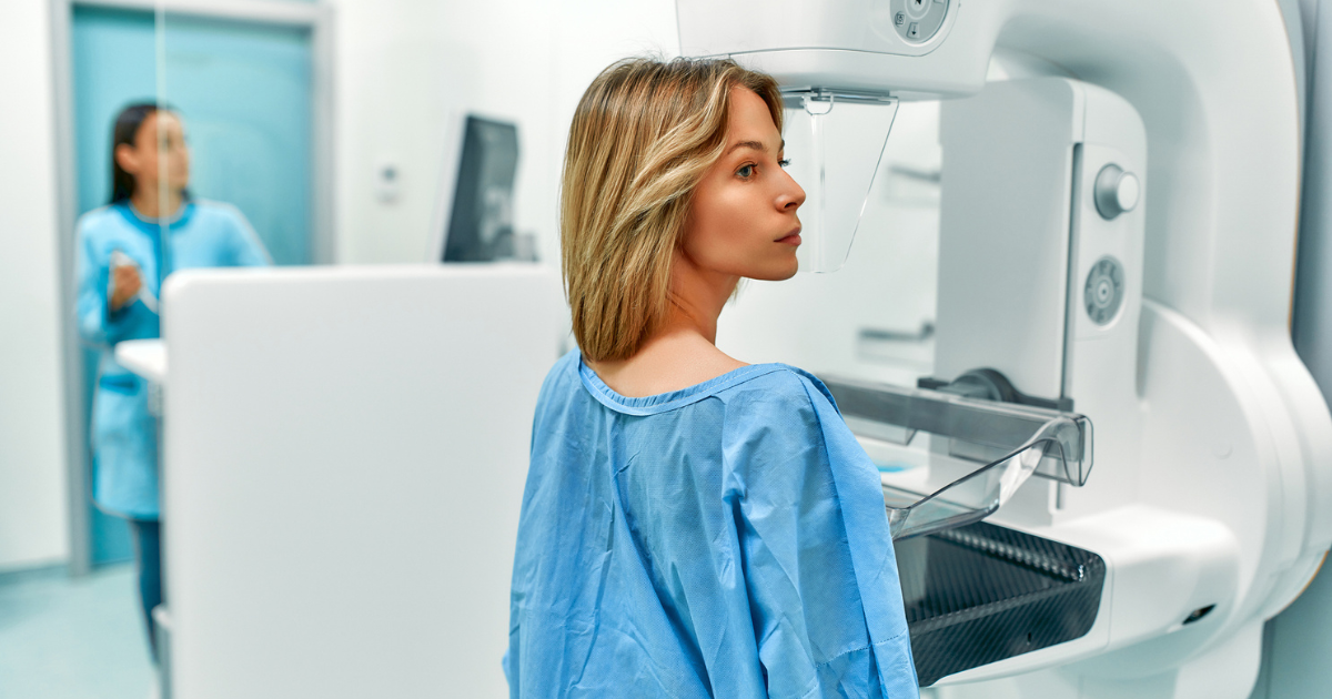Woman getting mammogram