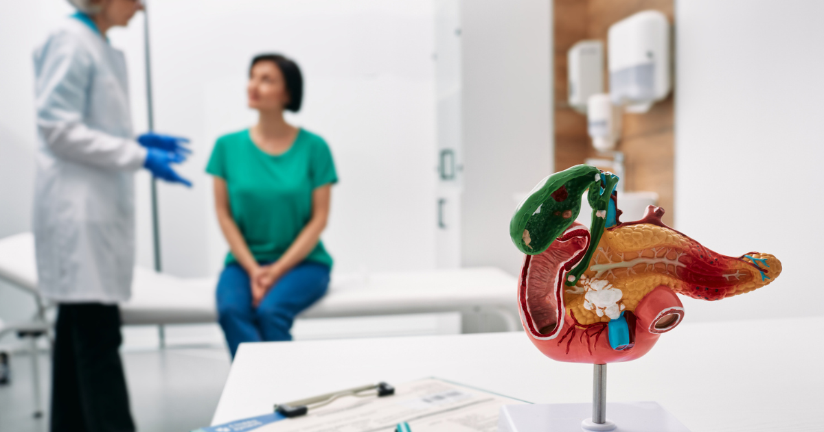 Woman talking to doctor in background, medical model of pancreas in foreground