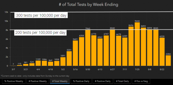 The last full week had 6,220 tests, which is lower than both of the recommended guidelines. 