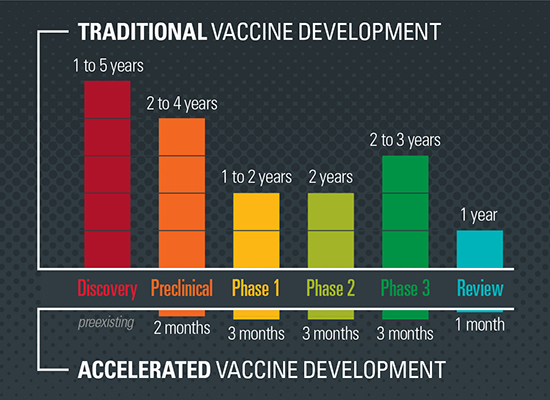 infographic showing the traditional vaccine development vs. the accelerated vaccine development
