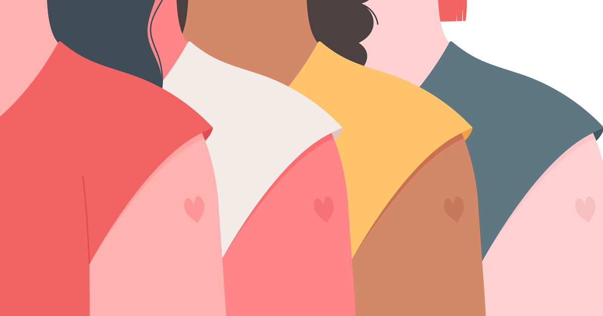 Graphic of a line of women with hearts on their upper arm