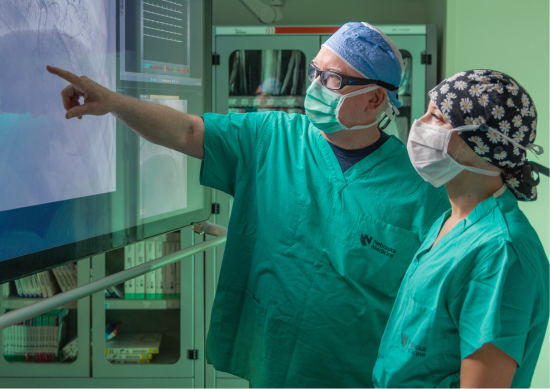Doctor pointing to screen with brain imaging