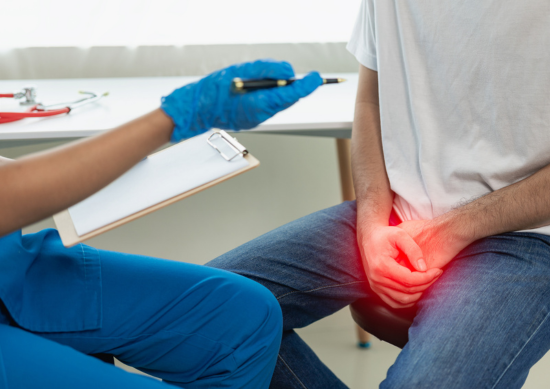 Close up of man holding his groin in pain talking to medical provider