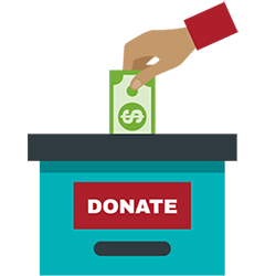 An illustrated hand putting money into a blue box labeled "donate."