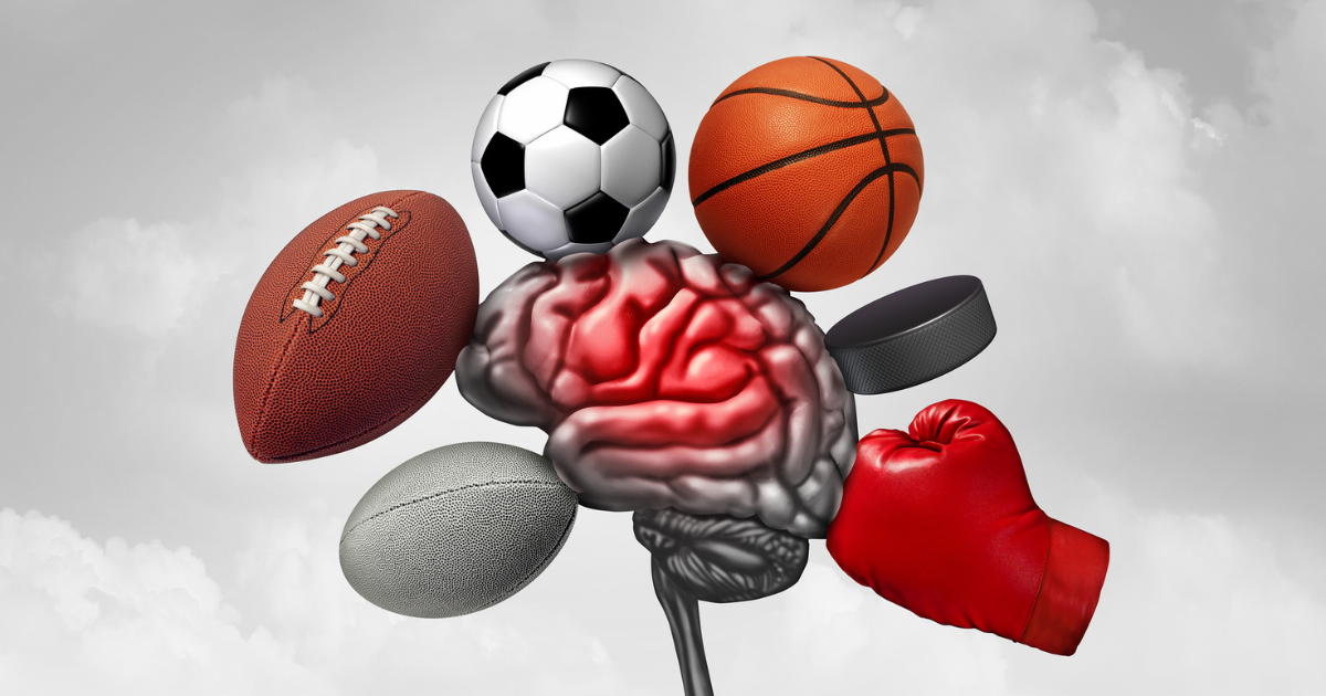 Graphic of sports equipment hitting a brain