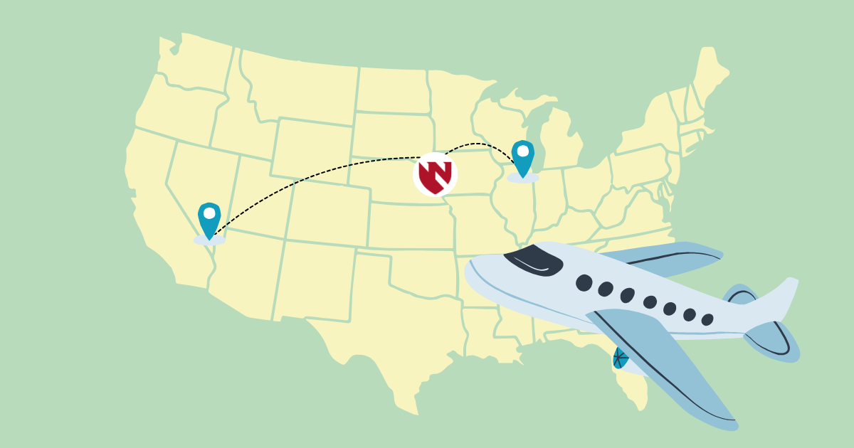 Graphic of flight path from Chicago to Las Vegas with stop in Omaha marked by Nebraska Medicine shield. Plane graphic over top