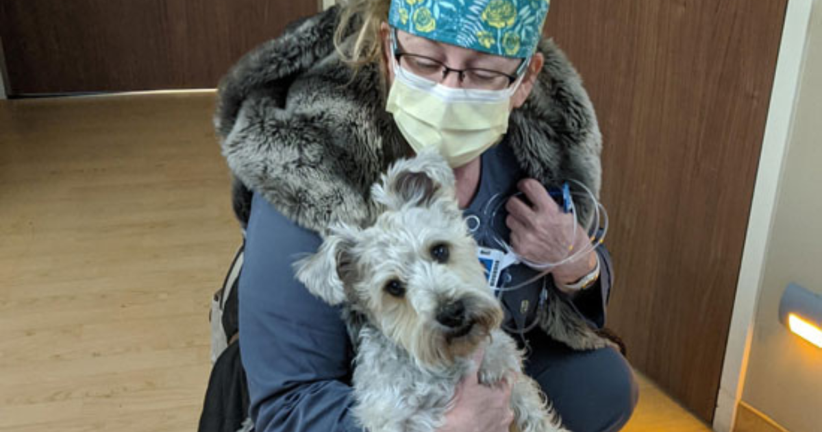 Nurse Sandy Scholl with Harley, a miniature German schnauzer.