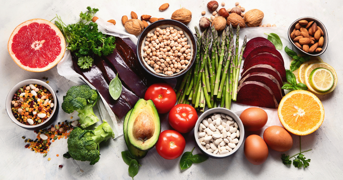 Pile of fruits, vegetables, and legumes high in vitamin B9