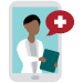 An illustration of a mobile phone with a female doctor holding a clipboard on the screen.