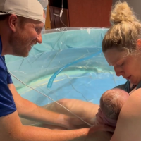 John Frankl and Liz Graham with their son, Leo, just after his water birth at Nebraska Medical Center.