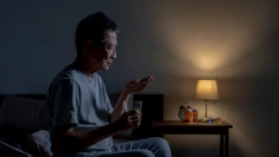 Older man sitting up in bed taking a pill