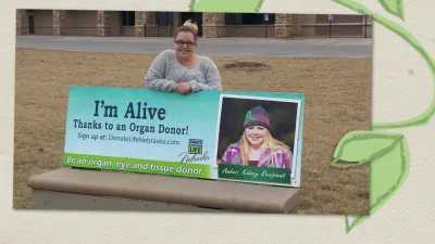 Amber standing by bench promoting living organ donation.