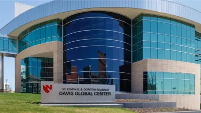 Photo of the outside of the Dr. Edwin G. & Dorothy Balbach Davis Global Center, where the National Quarantine Unit is located, on the Nebraska Medical Center campus.
