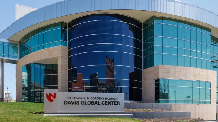 Photo of the outside of the Dr. Edwin G. & Dorothy Balbach Davis Global Center, where the National Quarantine Unit is located, on the Nebraska Medical Center campus.