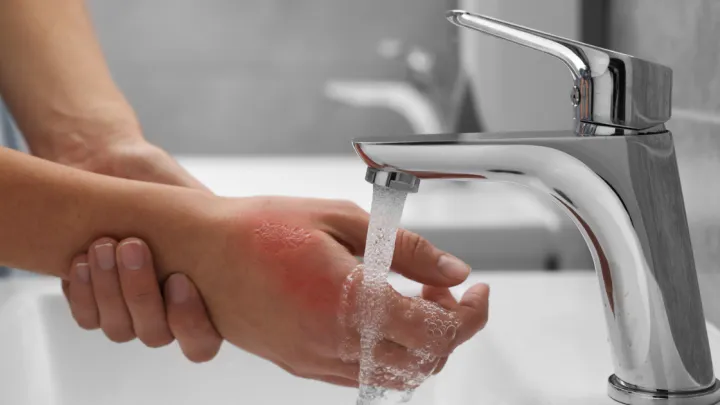 Woman holding burned hand under running faucet