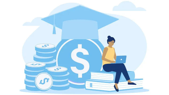 Graphic of woman on laptop sitting on books next to large coins