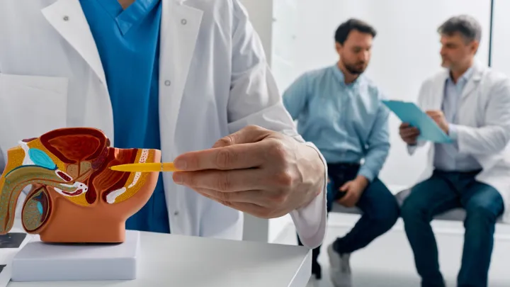 Doctor pointing at model of male anatomy with patient and doctor talking in background