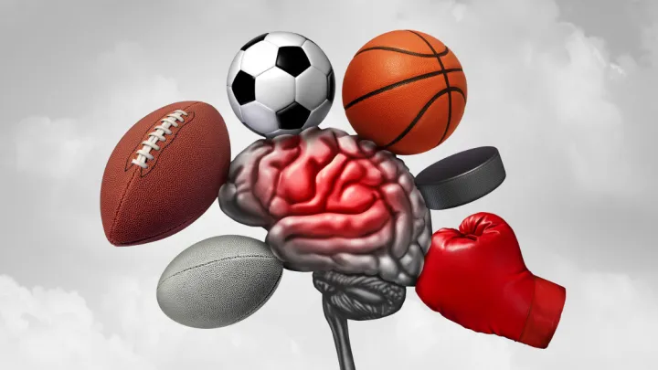 Graphic of sports equipment hitting a brain