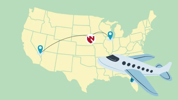 Graphic of flight path from Chicago to Las Vegas with stop in Omaha marked by Nebraska Medicine shield. Plane graphic over top