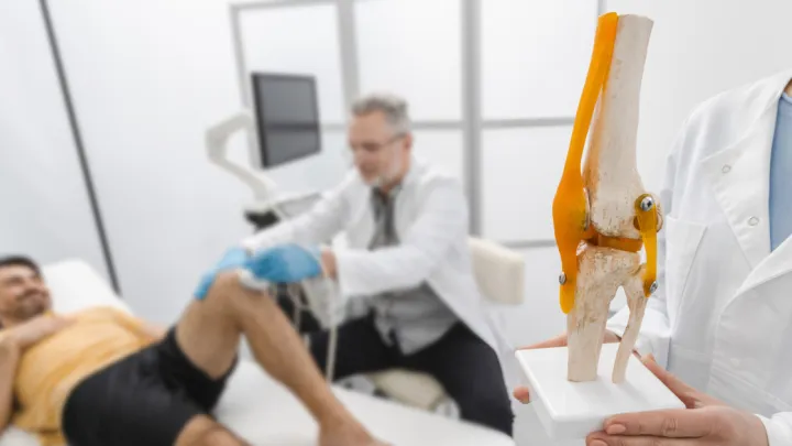 Doctor examining man's knee, doctor in foreground holding medical model of knee