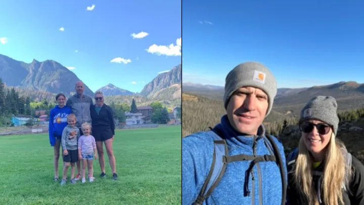 Left: Sarah McHenry standing outside with her husband and three children, Right: Sarah with her husband on mountain