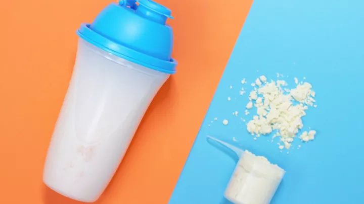 Protein shake bottle and powder